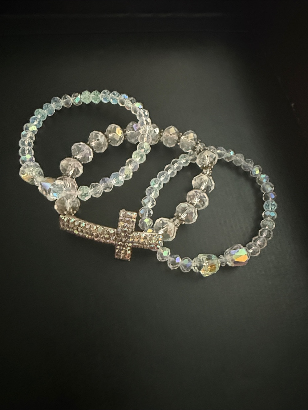 Iridescent Crystal Cross Stretch Bracelet Set - Clear